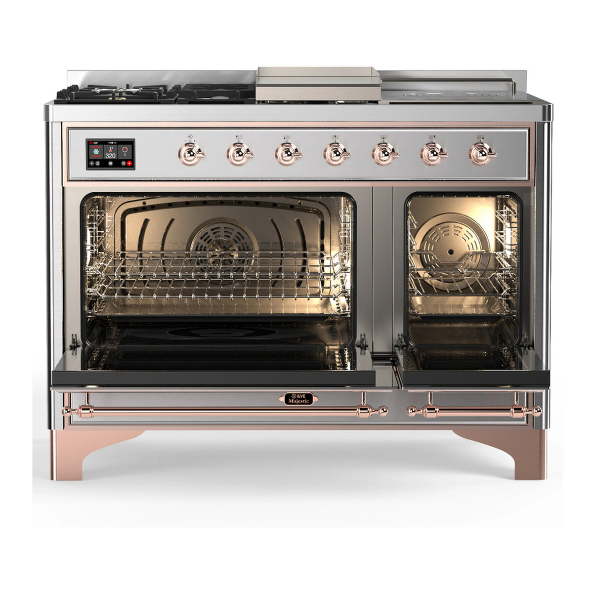 Stainless steel dual fuel range with copper trim, open ovens showing racks and back fan