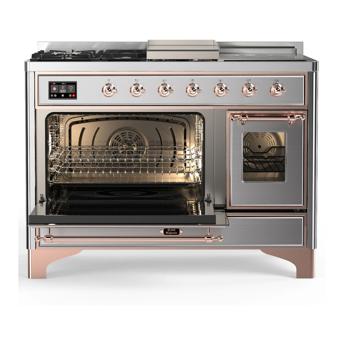 Stainless steel dual fuel range with copper-trimmed oven doors and open dual oven compartments
