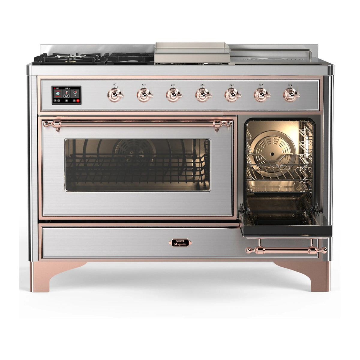 Stainless steel dual fuel range with copper trim and open lower oven, front glass visible