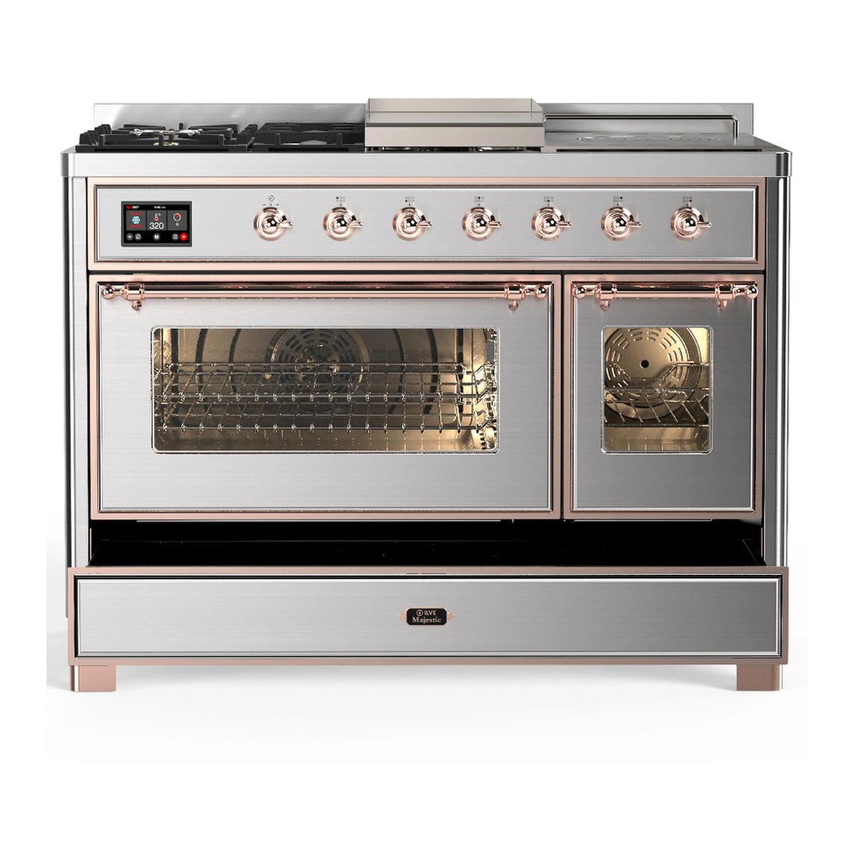 Stainless steel dual fuel range with copper trim, two oven doors closed and warm interior light