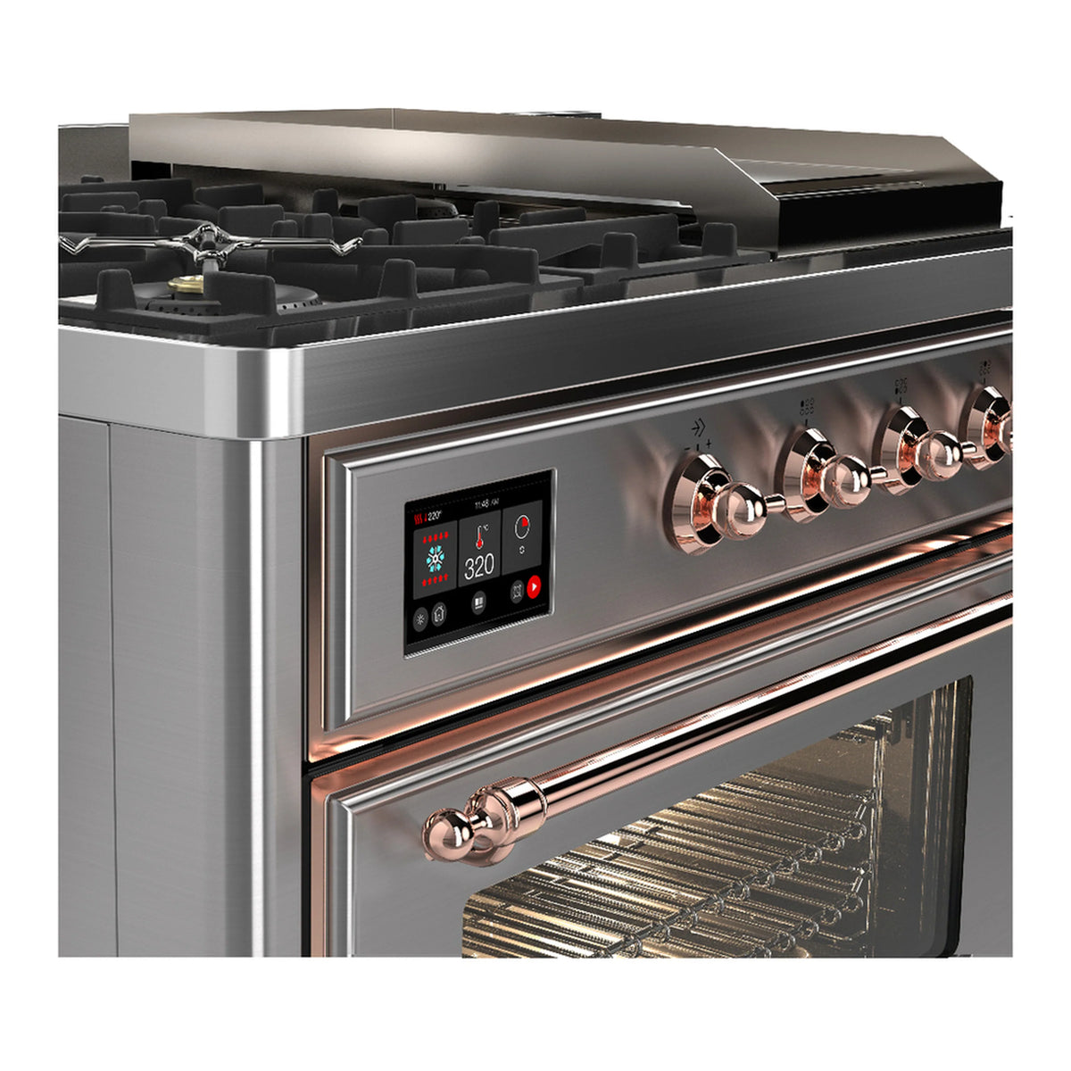 Stainless steel dual fuel range control panel with copper knobs and open oven door below