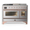 ILVE Majestic III 48-inch Dual Fuel Range with 5 Natural Gas Burner, Griddle, French Top and Triple Glass Door Electric Oven in Stainless Steel with Copper Trim (UM48FSNR3SSP)