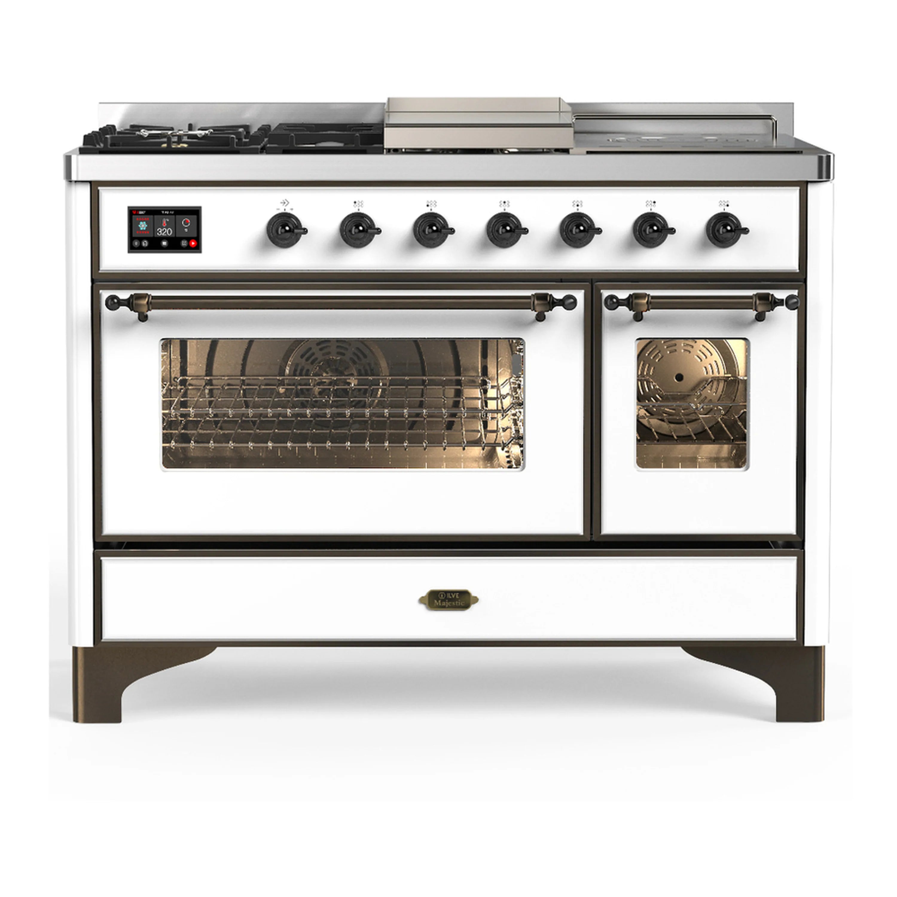 White dual-fuel range with burnished trim, control knobs, and two glass oven doors