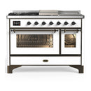 ILVE Majestic III 48-inch Dual Fuel Range with 5 Liquid Propane Burner, Griddle, French Top and Triple Glass Door Electric Oven in White with Burnished Trim (UM48FSNR3WHBLP)