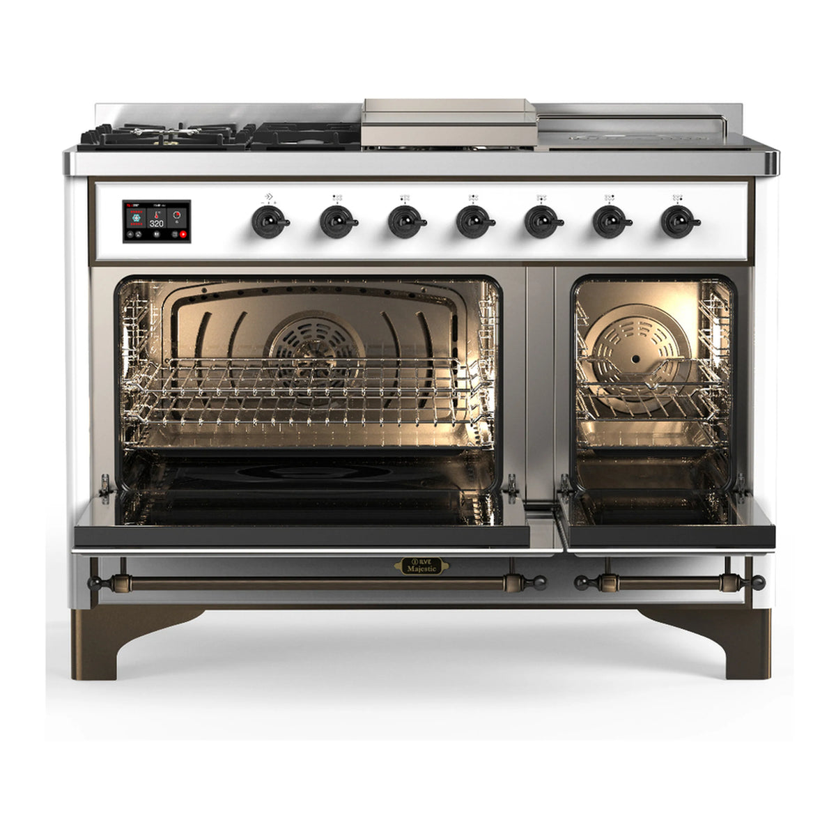 White dual-fuel range with open ovens showing racks, burners, and two glass door openings