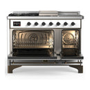 ILVE Majestic III 48-inch Dual Fuel Range with 5 Liquid Propane Burner, Griddle, French Top and Triple Glass Door Electric Oven in White with Burnished Trim (UM48FSNR3WHBLP)