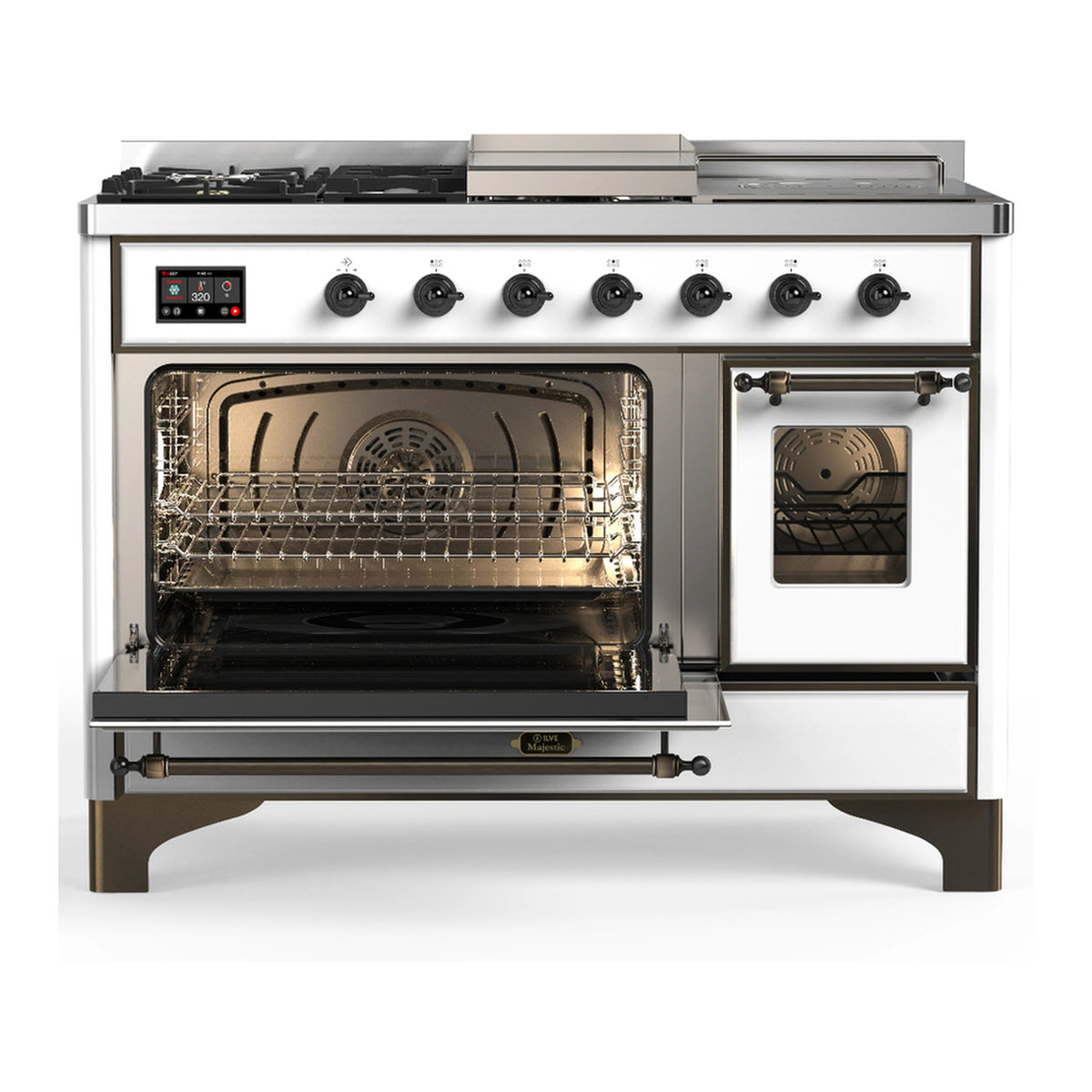 White dual-fuel range with one oven door open and the other closed, visible racks inside
