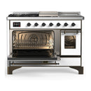 ILVE Majestic III 48-inch Dual Fuel Range with 5 Liquid Propane Burner, Griddle, French Top and Triple Glass Door Electric Oven in White with Burnished Trim (UM48FSNR3WHBLP)