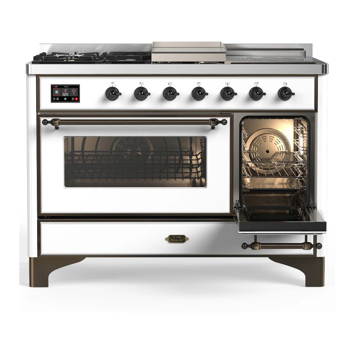 White dual-fuel range with one oven door open and the other closed, glass doors and knobs