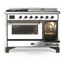 ILVE Majestic III 48-inch Dual Fuel Range with 5 Liquid Propane Burner, Griddle, French Top and Triple Glass Door Electric Oven in White with Burnished Trim (UM48FSNR3WHBLP)
