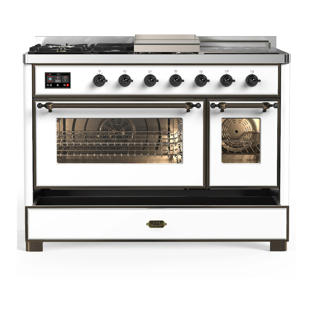 White dual-fuel range with both ovens closed and a large lower storage drawer open