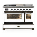 ILVE Majestic III 48-inch Dual Fuel Range with 5 Liquid Propane Burner, Griddle, French Top and Triple Glass Door Electric Oven in White with Burnished Trim (UM48FSNR3WHBLP)