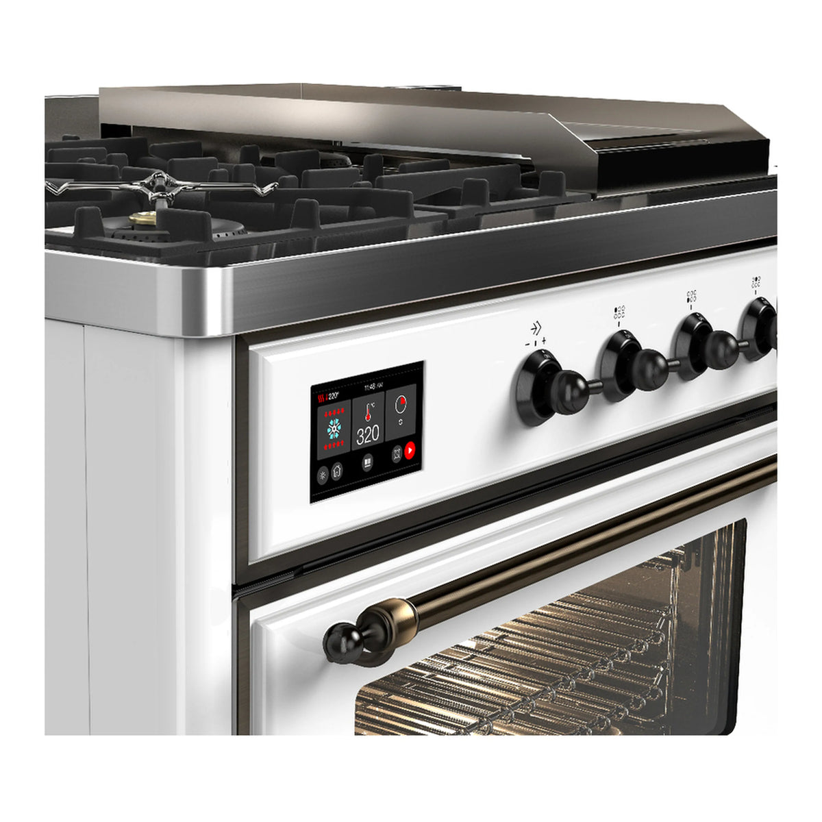 Close-up of white dual-fuel range control panel and open oven with interior racks