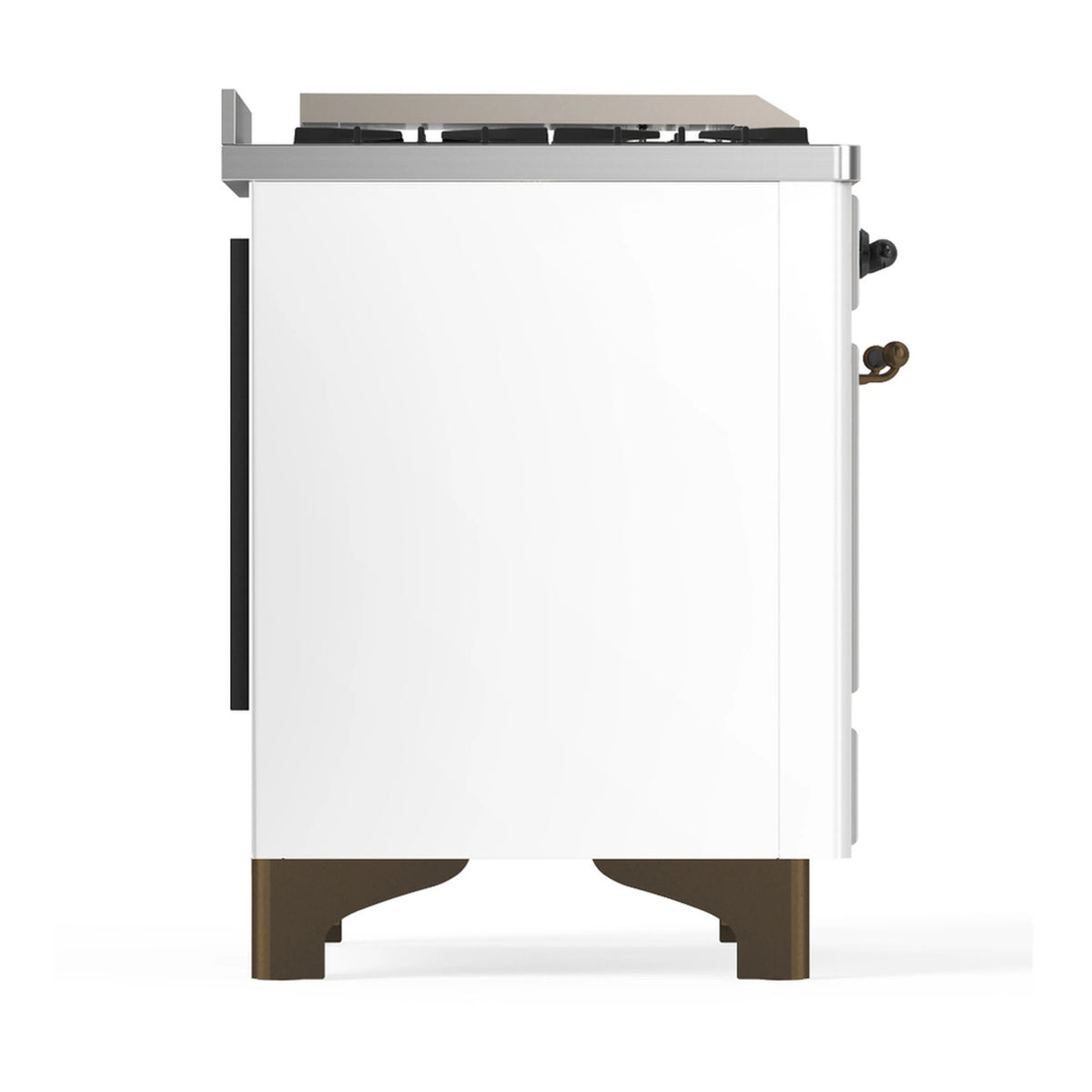 White dual-fuel range side view with backguard and burnished lower trim