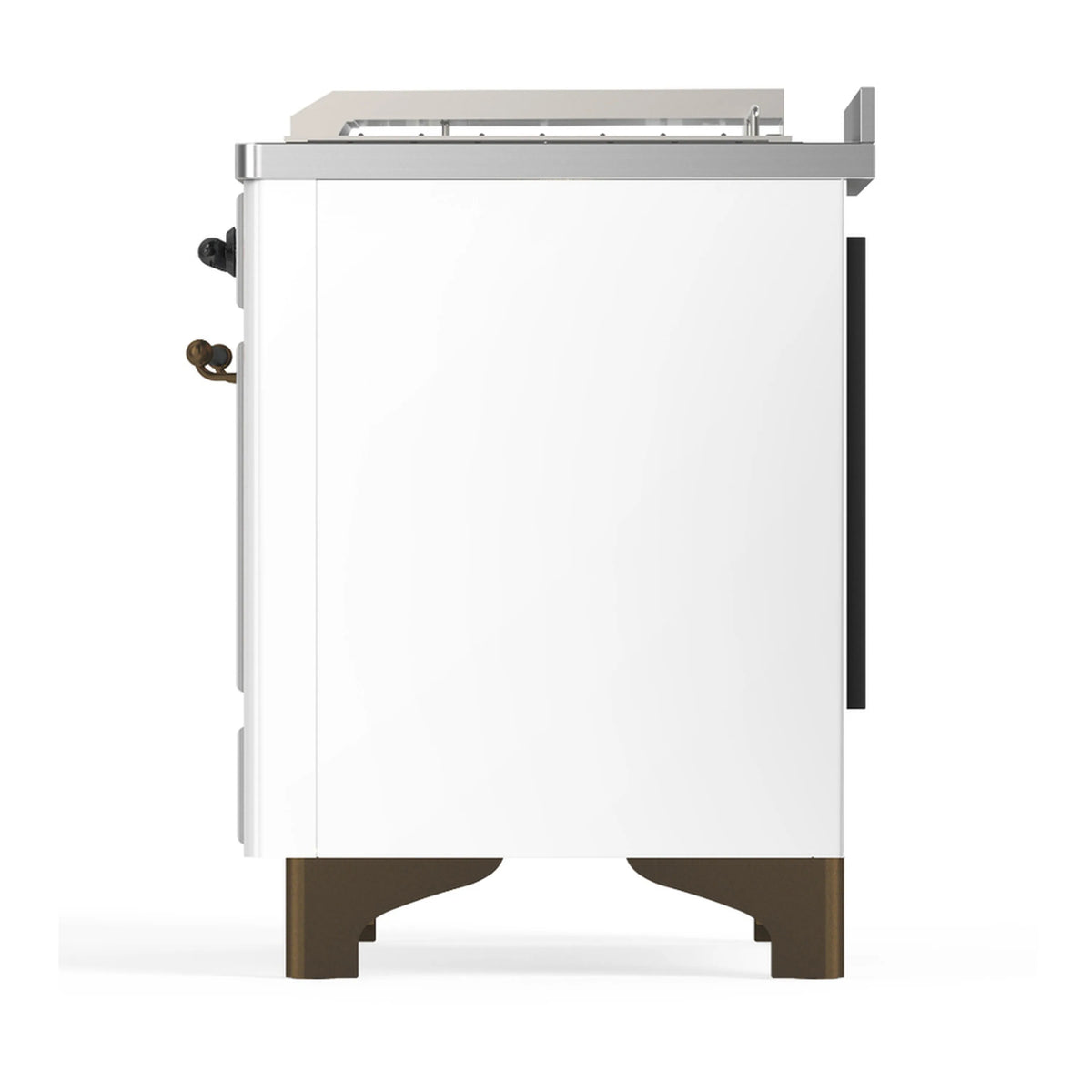 White dual-fuel range angled side view with burnished base and side access panels