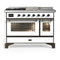 ILVE Majestic III 48-inch Dual Fuel Range with 5 Liquid Propane Burner, Griddle, French Top and Triple Glass Door Electric Oven in White with Burnished Trim (UM48FSNR3WHBLP)