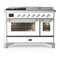 ILVE Majestic III 48-inch Dual Fuel Range with 5 Liquid Propane Burner, Griddle, French Top and Triple Glass Door Electric Oven in White with Chrome Trim (UM48FSNR3WHCLP)