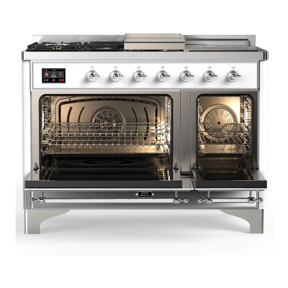 White dual-fuel range with chrome trim, open double ovens, and front control knobs