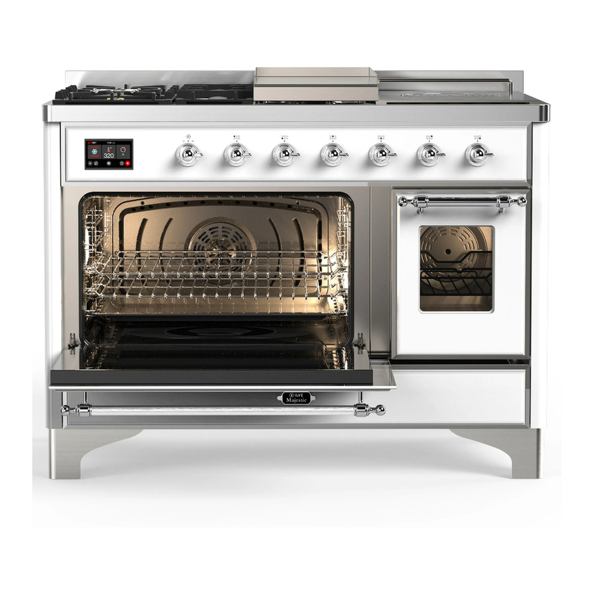 White dual-fuel range with chrome trim, left oven open and right oven window visible