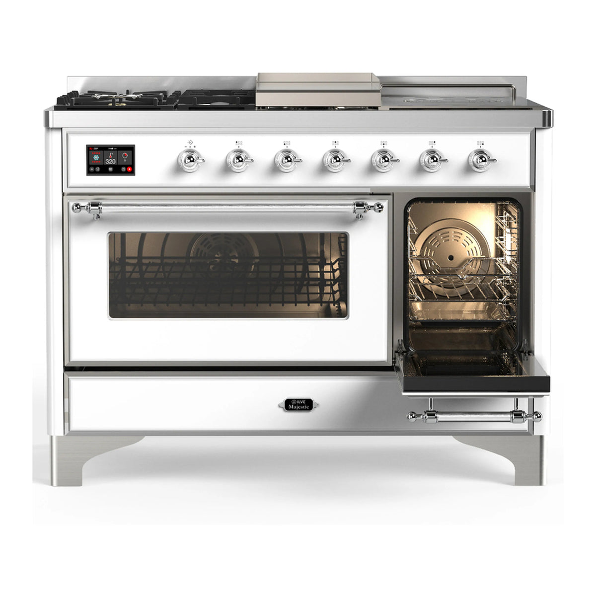 White dual-fuel range with chrome trim, large oven window and right oven door open
