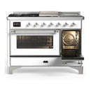 ILVE Majestic III 48-inch Dual Fuel Range with 5 Liquid Propane Burner, Griddle, French Top and Triple Glass Door Electric Oven in White with Chrome Trim (UM48FSNR3WHCLP)