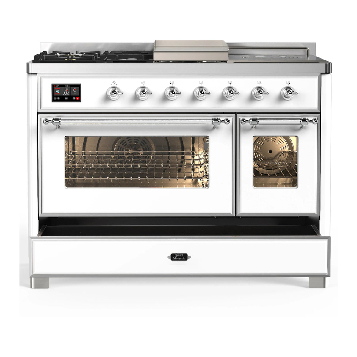 White dual-fuel range with chrome trim, both oven windows visible, front handles shown