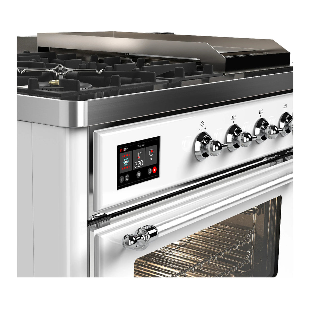 Dual-fuel range control panel with lit display and chrome knobs, oven door partially open