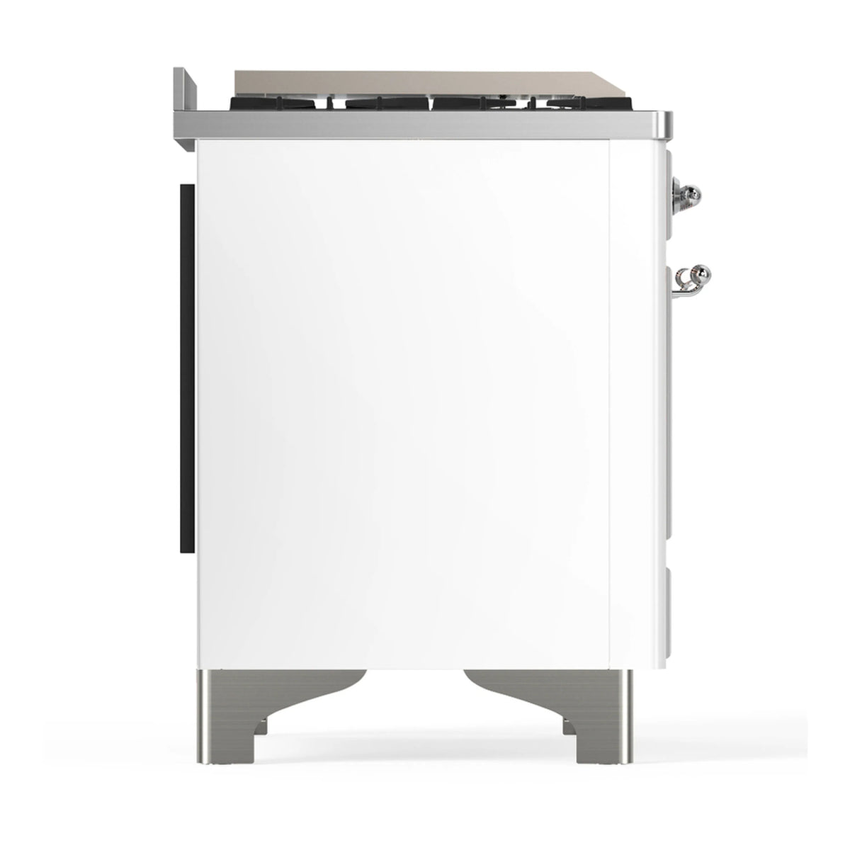 White range side panel with vent opening and chrome base feet, rear controls visible