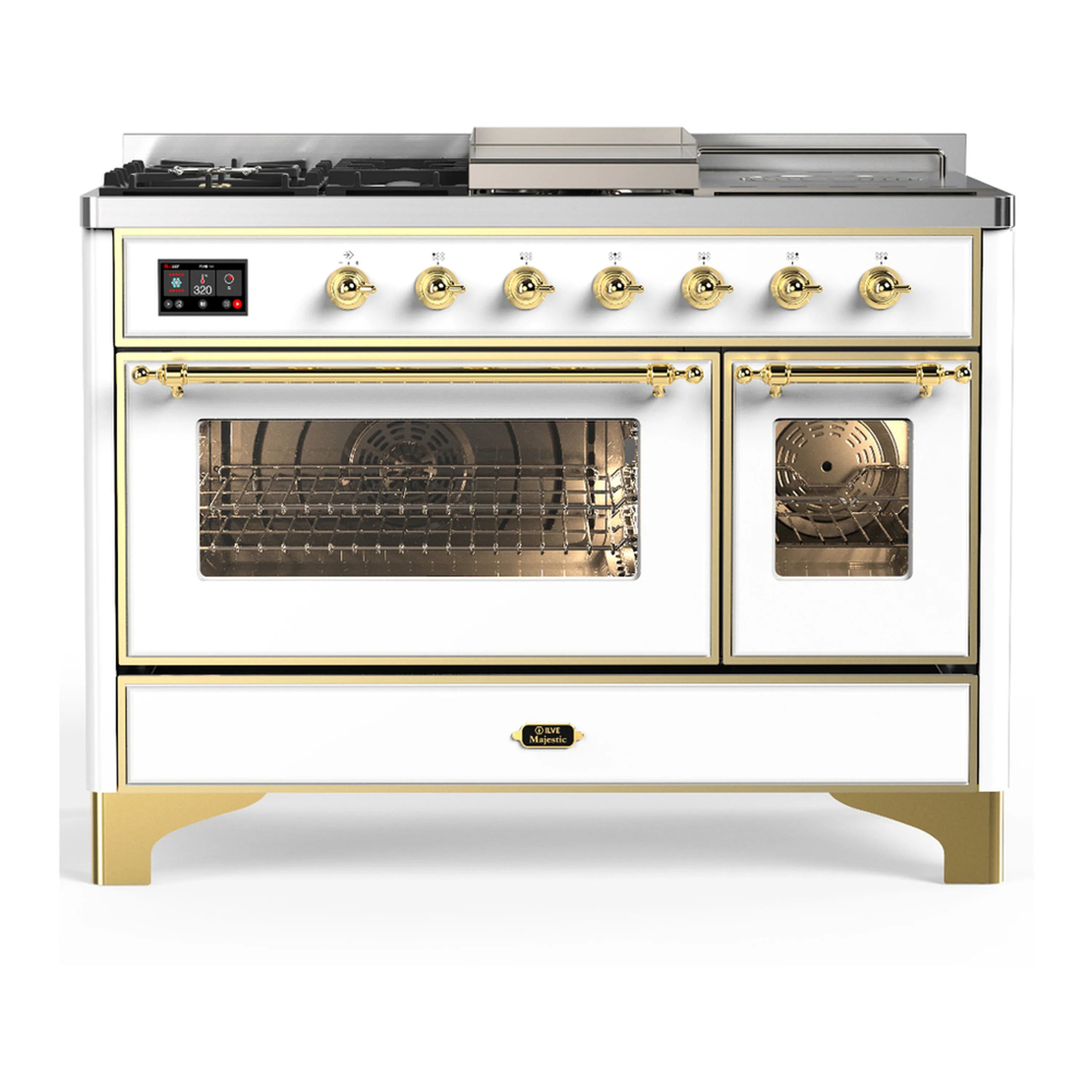 White dual fuel range with brass trim; control knobs, cooktop, and closed oven doors