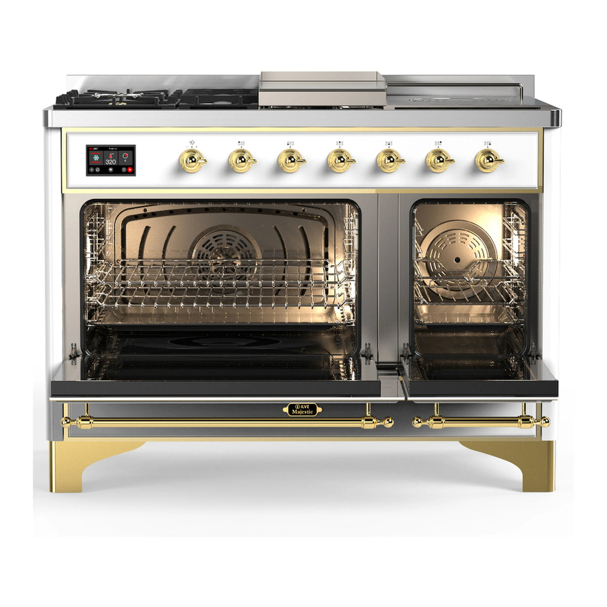 White range with brass trim; open ovens with racks and fan in both compartments