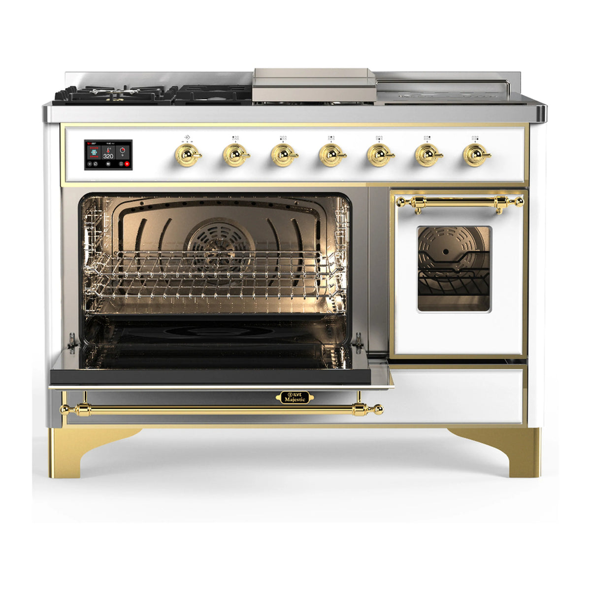 White dual fuel range with brass trim; open oven door and control knobs, burner grates