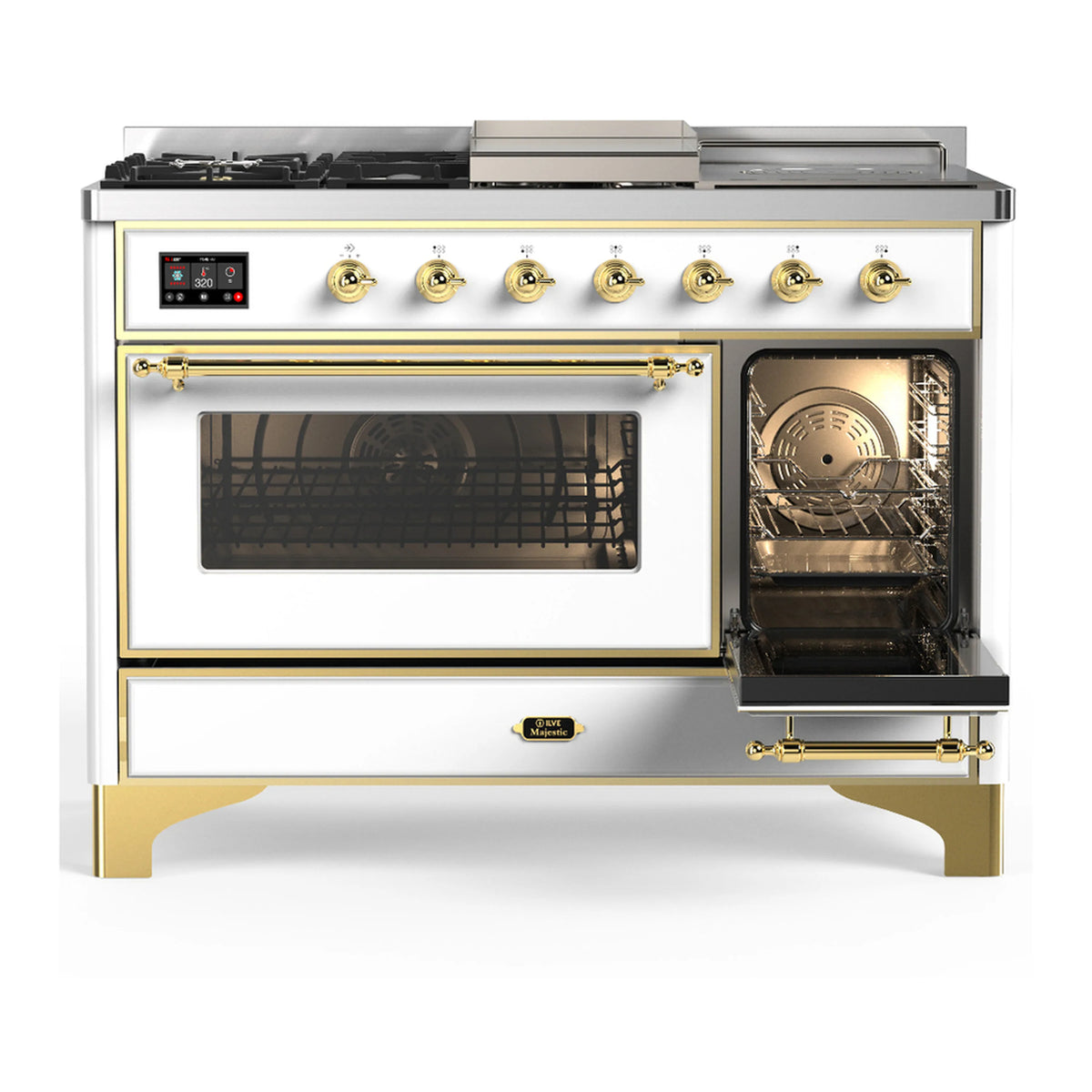 White range with brass trim; oven window open, interior racks and fan visible