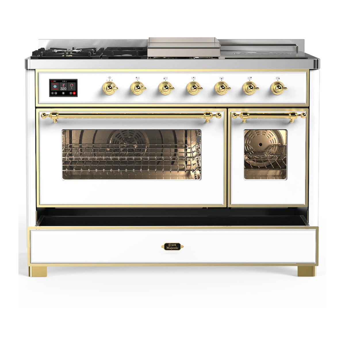 White dual fuel range with brass trim; two oven doors open, racks and fan visible