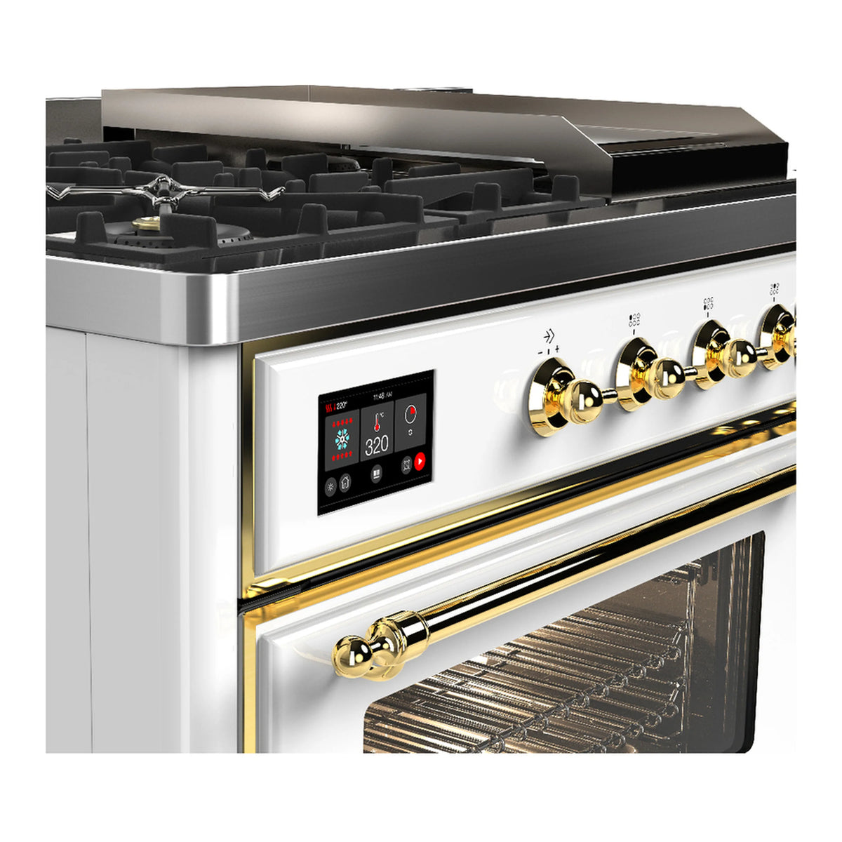 Brass-trimmed range control panel with display, knobs, and oven door window below
