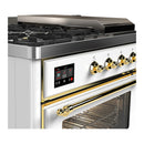 ILVE Majestic III 48-inch Dual Fuel Range with 5 Natural Gas Burner, Griddle, French Top and Triple Glass Door Electric Oven in White with Brass Trim (UM48FSNR3WHG)