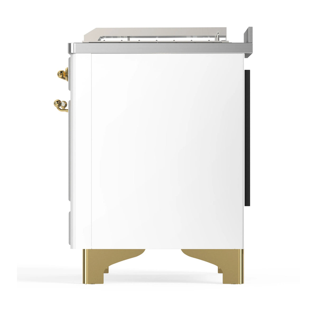 White range back/side view with brass trim accents and vented panel