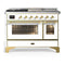 ILVE Majestic III 48-inch Dual Fuel Range with 5 Liquid Propane Burner, Griddle, French Top and Triple Glass Door Electric Oven in White with Brass Trim (UM48FSNR3WHGLP)