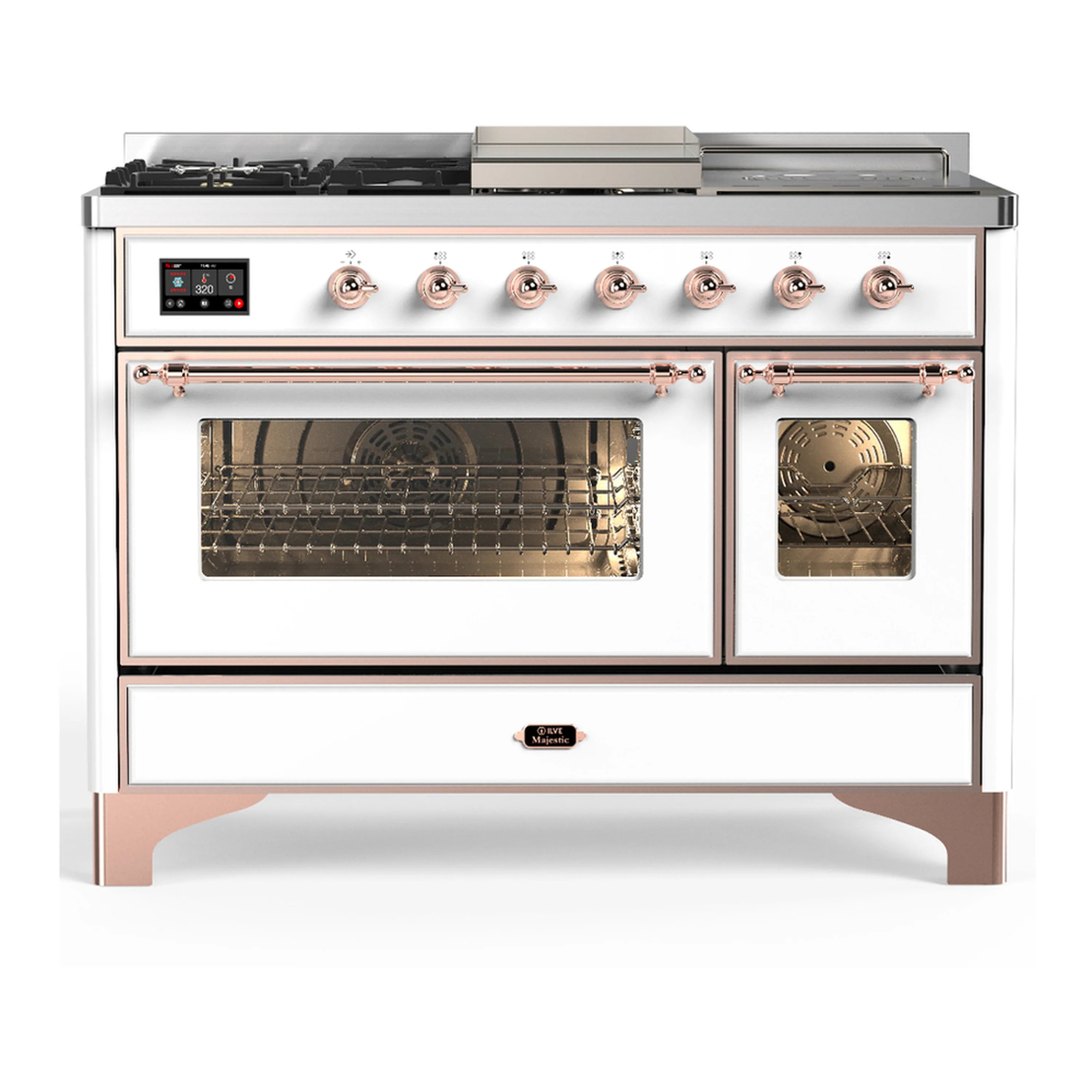 White dual fuel range with copper knobs and double oven doors with warm interiors