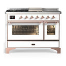 ILVE Majestic III 48-inch Dual Fuel Range with 5 Natural Gas Burner, Griddle, French Top and Triple Glass Door Electric Oven in White with Copper Trim (UM48FSNR3WHP)