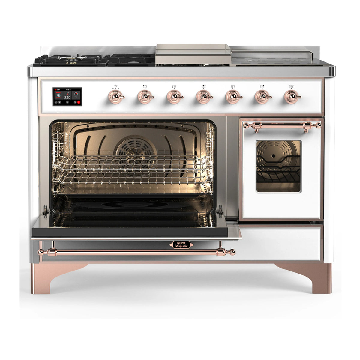 White dual fuel range with copper trim, open oven door, and control panel