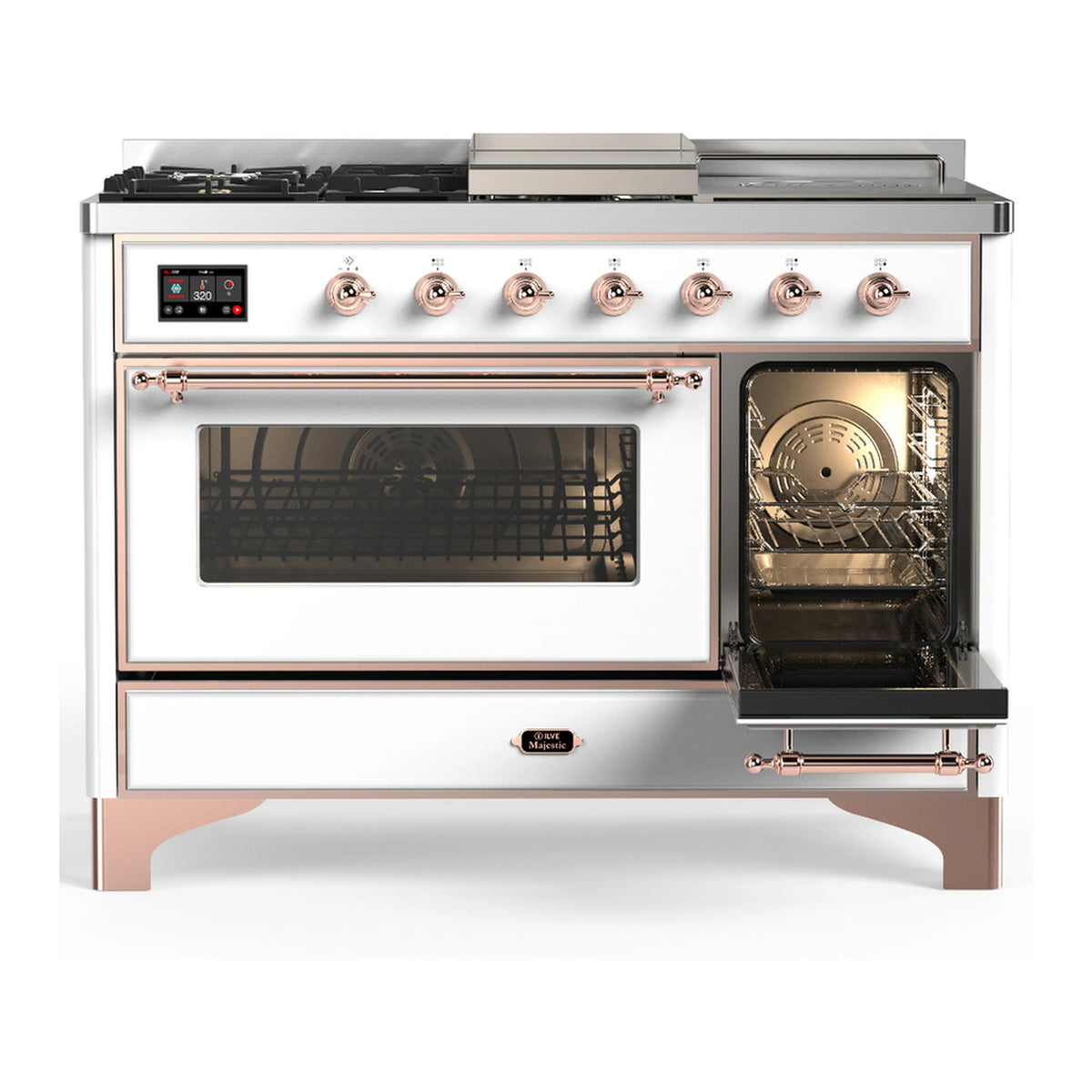 White dual fuel range with copper trim and open oven doors showing racks