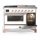 ILVE Majestic III 48-inch Dual Fuel Range with 5 Natural Gas Burner, Griddle, French Top and Triple Glass Door Electric Oven in White with Copper Trim (UM48FSNR3WHP)