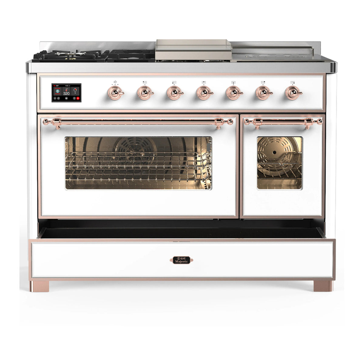 White dual fuel range with copper accents, double oven doors closed, warming drawer