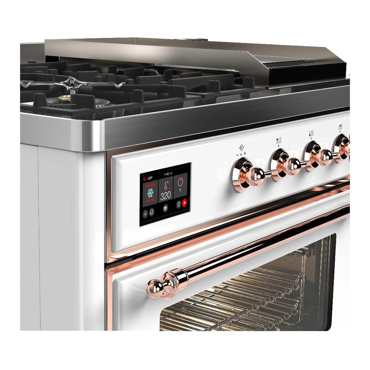 White dual fuel range control panel with copper trim and open oven heating element