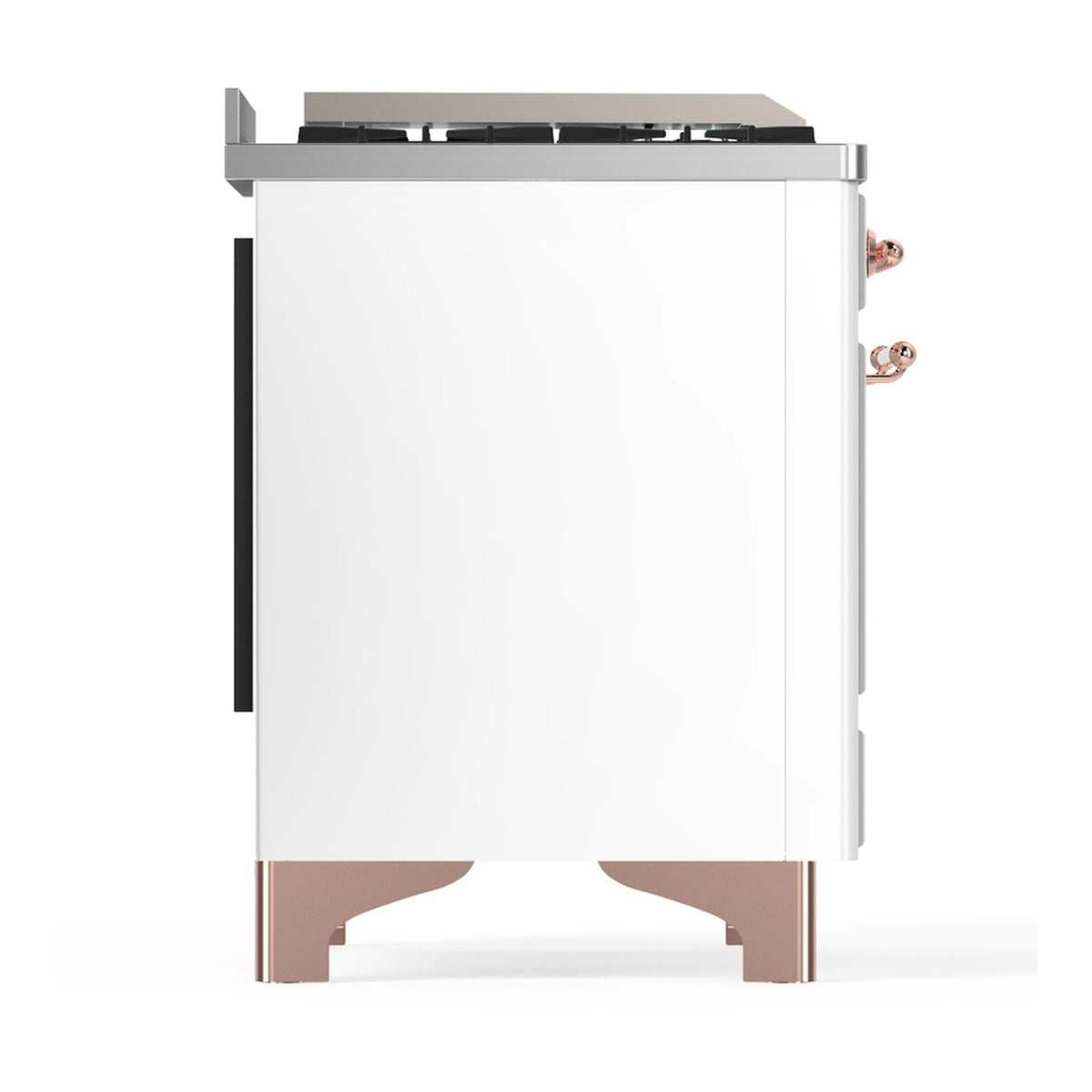 White dual fuel range side panel with copper base and black side cover