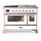 ILVE Majestic III 48-inch Dual Fuel Range with 5 Natural Gas Burner, Griddle, French Top and Triple Glass Door Electric Oven in White with Copper Trim (UM48FSNR3WHP)
