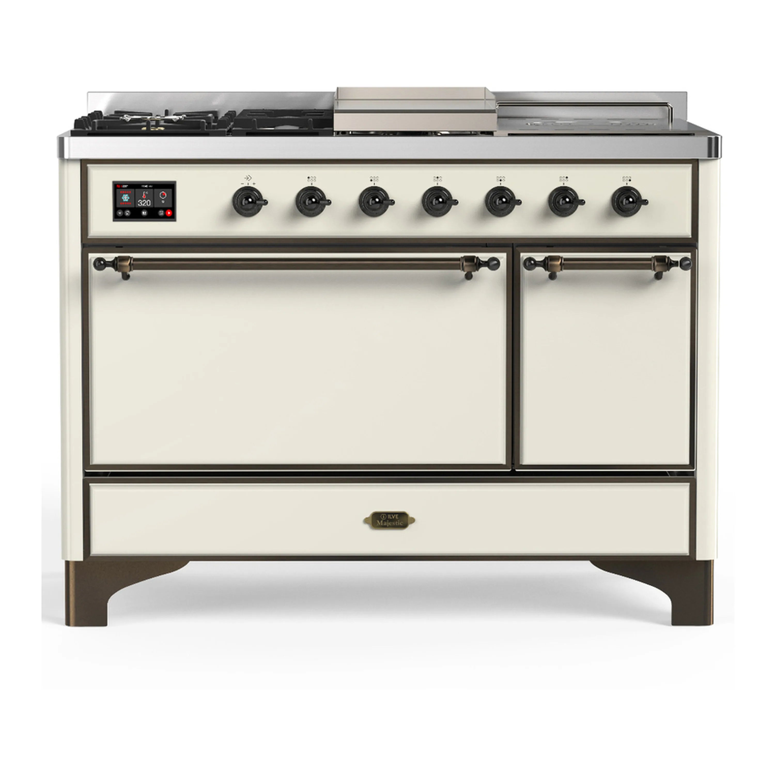 Antique white dual fuel range with two oven doors and control knobs, burnished trim