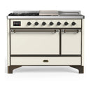 ILVE Majestic III 48-inch Dual Fuel Range with 5 Liquid Propane Burner, Griddle, French Top and Solid Door Electric Oven in Antique White with Burnished Trim (UM48FSQNR3AWBLP)