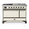 ILVE Majestic III 48-inch Dual Fuel Range with 5 Liquid Propane Burner, Griddle, French Top and Solid Door Electric Oven in Antique White with Burnished Trim (UM48FSQNR3AWBLP)