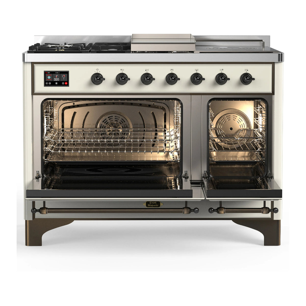 Antique white range with front oven doors open, interior racks and heating elements visible